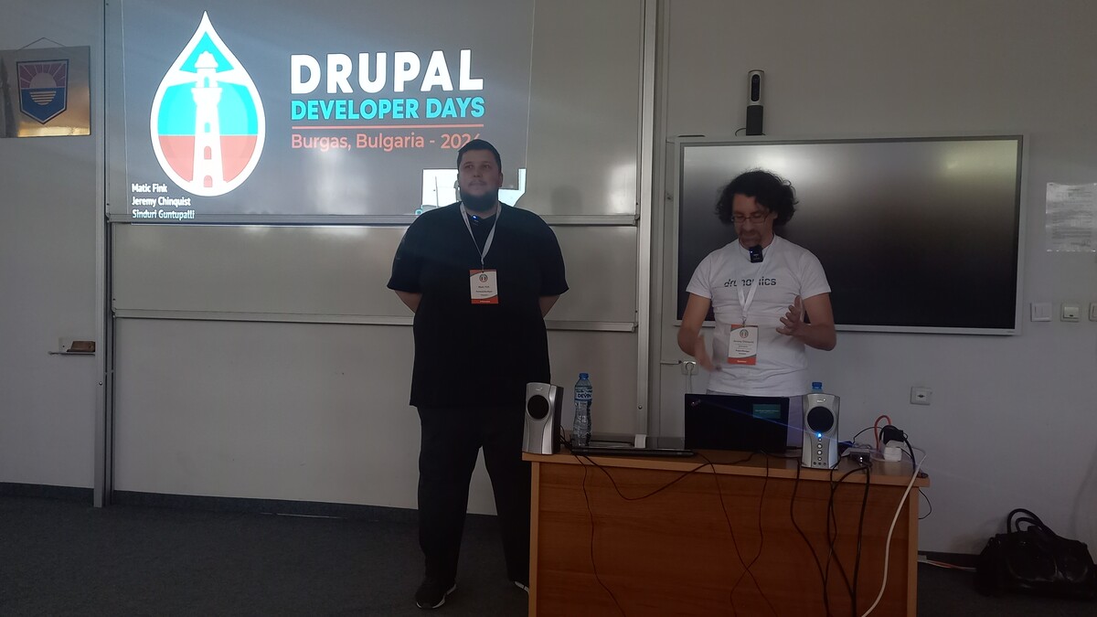 Matic Fink & Jeremy Chinquist presenting at Drupal Developer Days, Burgas, Bulgaria 2024