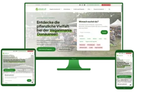 © Vegane Gesellschaft Österreich
Source: Vegane Gesellschaft Österreich vegan.at start page with hero and form elements, shown responsively on 3 devices