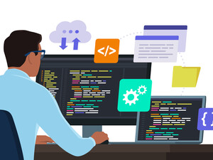 Man sitting in front of a PC and coding