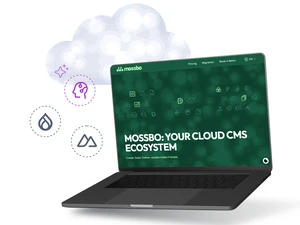© drunomics Laptop showing "MOSSBO: YOUR CLOUD CMS ECOSYSTEM" with surrounding tech icons
