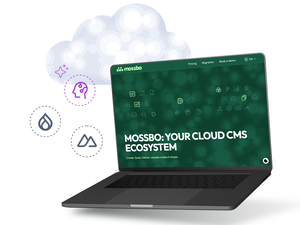 © drunomics Laptop showing "MOSSBO: YOUR CLOUD CMS ECOSYSTEM" with surrounding tech icons