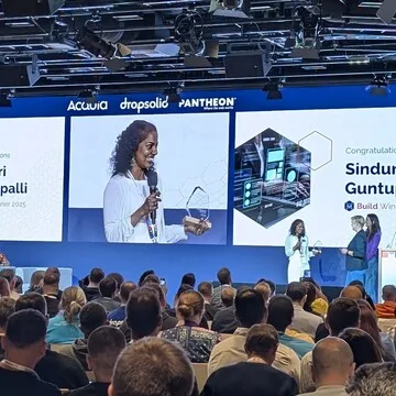 Sinduri Guntupalli recognized in the Build Category at DrupalCon Vienna 2025 for her dedication to community organizing, advocacy, and open source work.