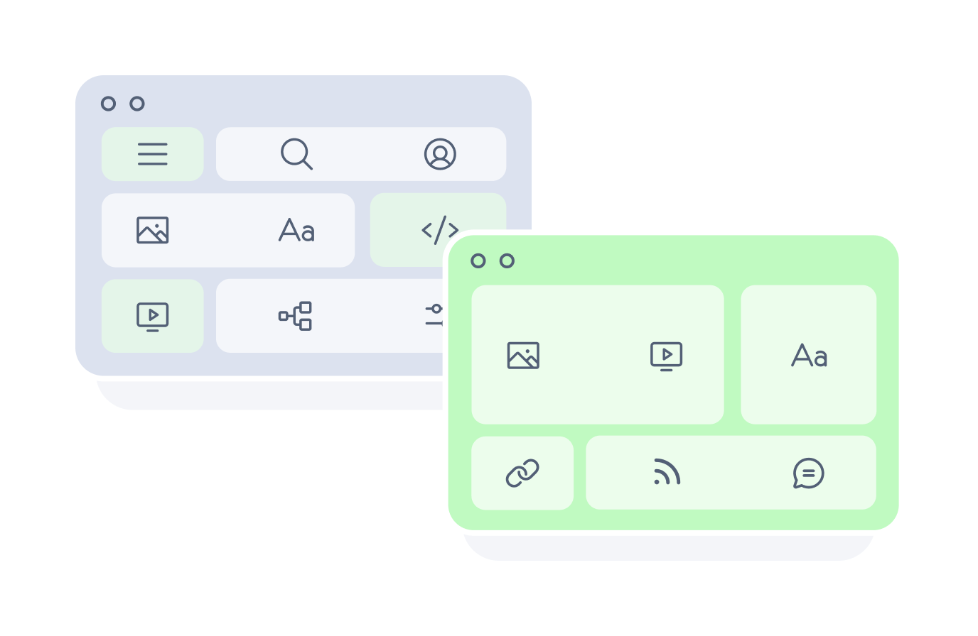 Layered browser windows showing different content types including images, text, and code