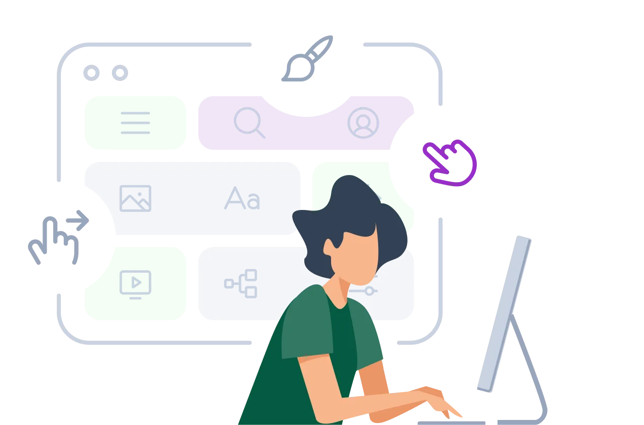 Person working at computer with floating browser interface and design tool icons