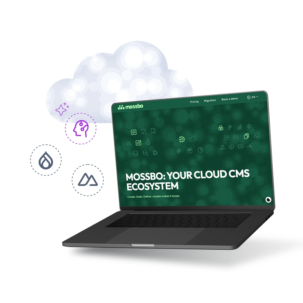 © drunomics Laptop showing "MOSSBO: YOUR CLOUD CMS ECOSYSTEM" with surrounding tech icons