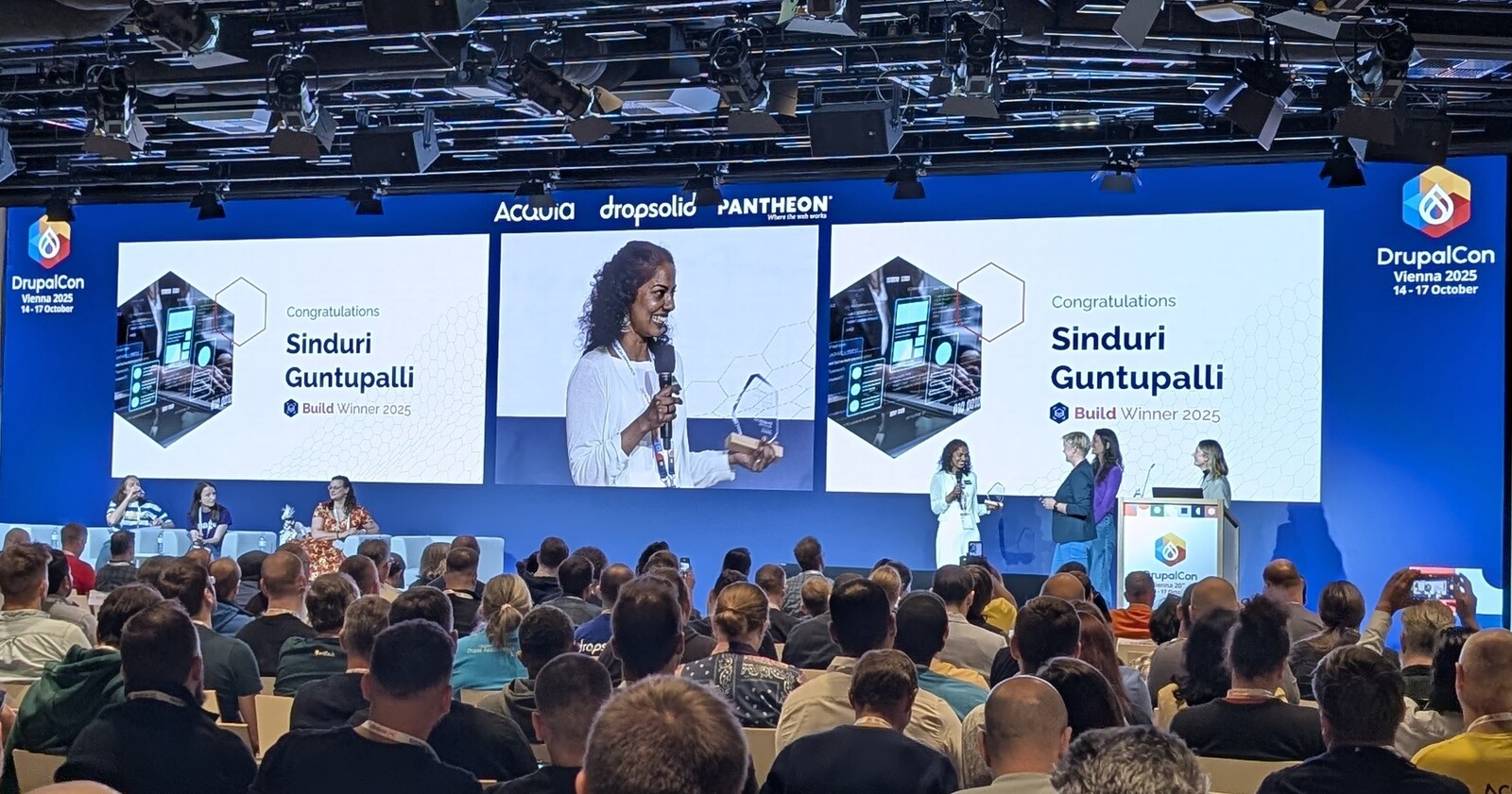 Sinduri Guntupalli recognized in the Build Category at DrupalCon Vienna 2025 for her dedication to community organizing, advocacy, and open source work.