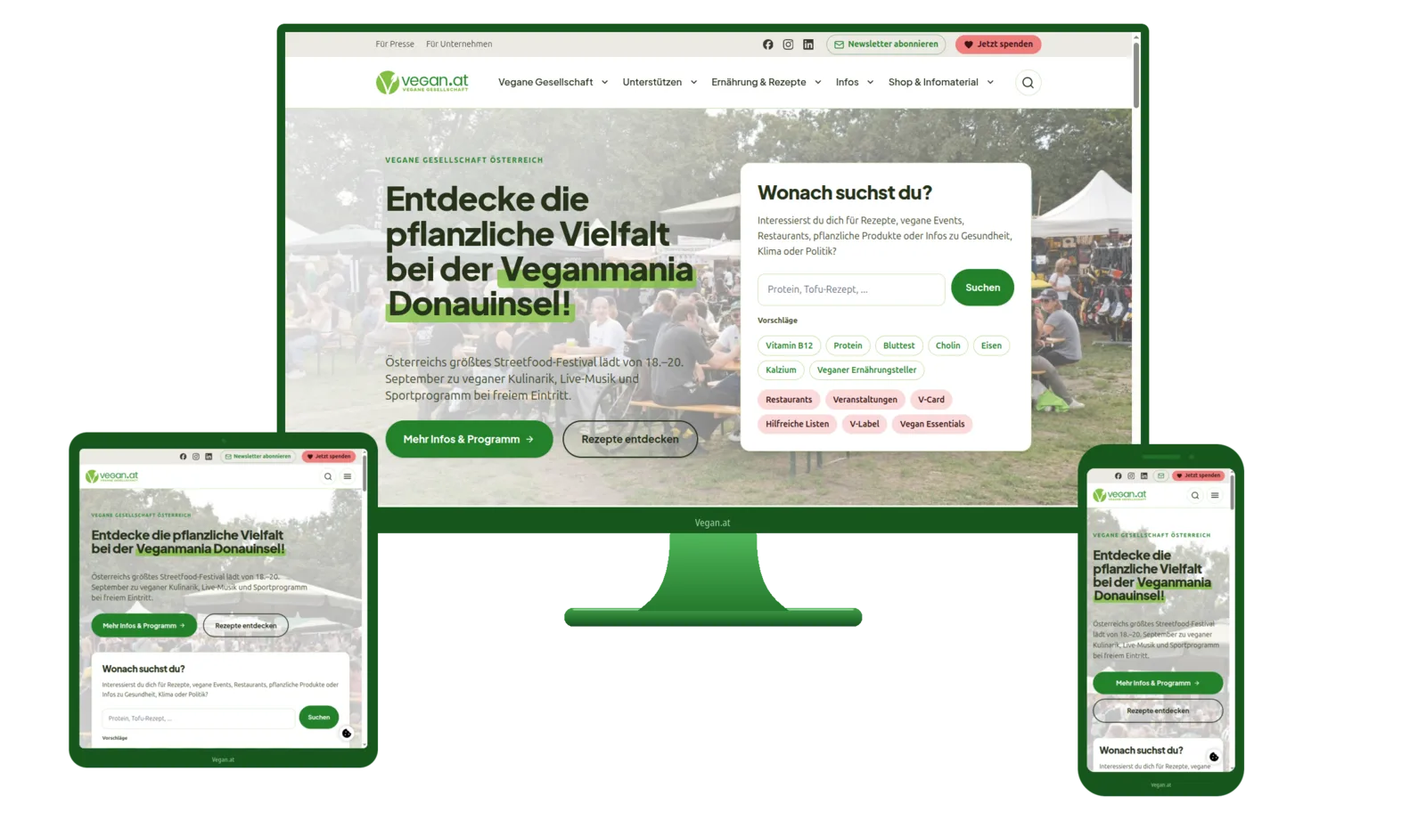 © Vegane Gesellschaft Österreich
Quelle: Vegane Gesellschaft Österreich vegan.at start page with hero and form elements, shown responsively on 3 devices