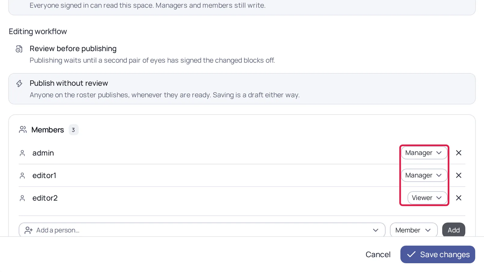 Manager, Member, Viewer. Set on the space itself. Space settings for a wiki-style space, showing the editing workflow and the member roster. Outlined in red: the per-member role selectors reading Manager, Manager and Viewer.