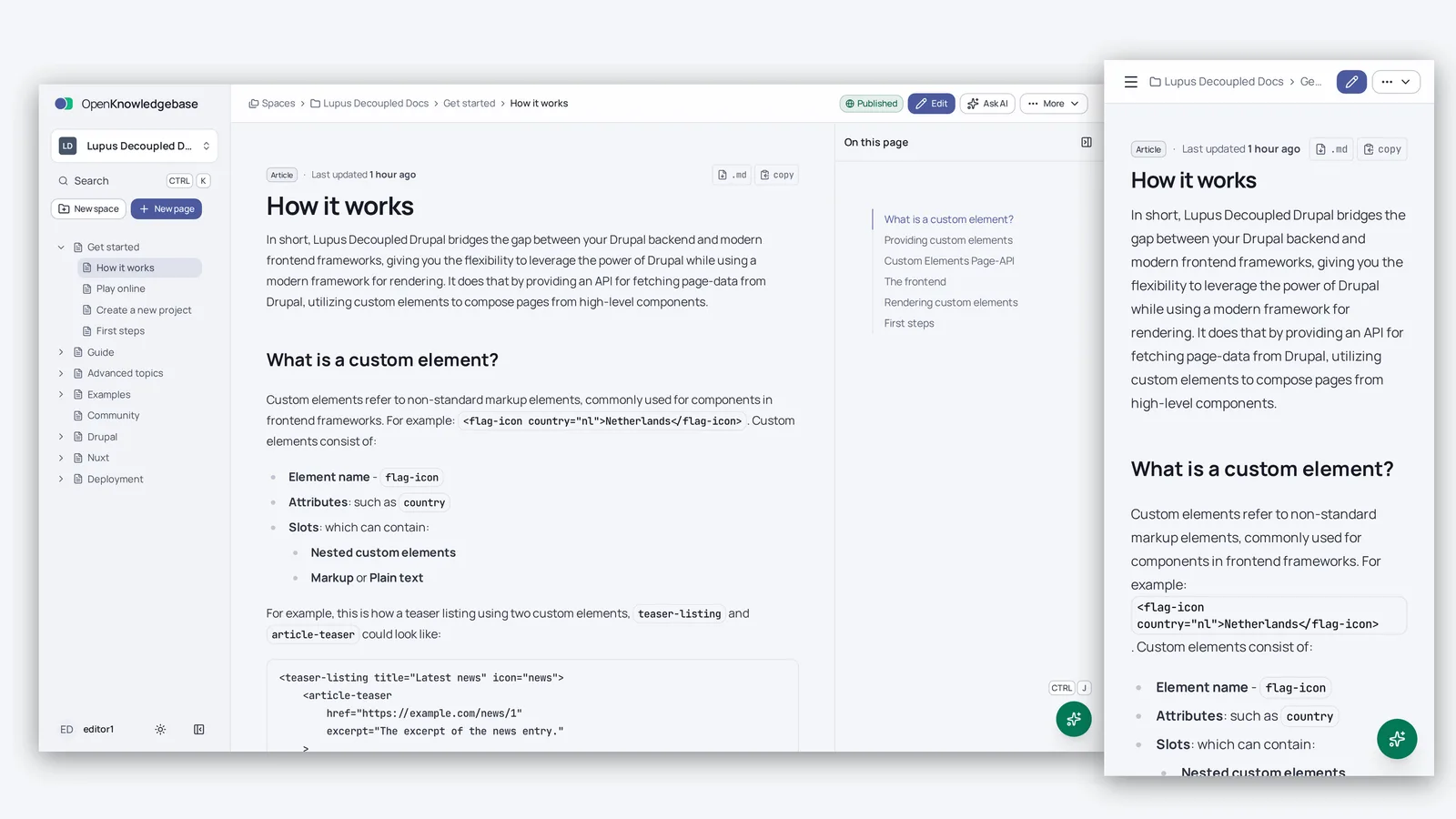 The same knowledge base on a desktop and on a phone: spaces and the page tree on the left, the page in the middle, its outline on the right. OpenKnowledgebase open on a documentation page, shown on a desktop screen beside the same page on a phone. The desktop view has the space switcher and page tree on the left, the page in the middle and an "On this page" outline on the right; the phone reflows it to a single column.